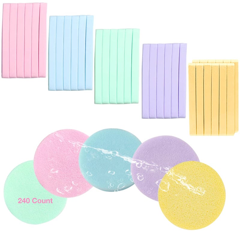 Facial Sponge Compressed240 Count PVA Professional Makeup Removal Wash Round Face Sponge Pads Exfoliating Cleansing for WomenYellowPinkPurpleBlueGreen